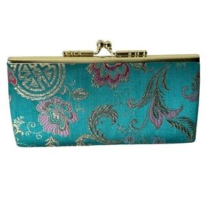 Japanese Silk Brocade Kisslock Wallet Clutch Bag Teal Blue Floral Asian Design